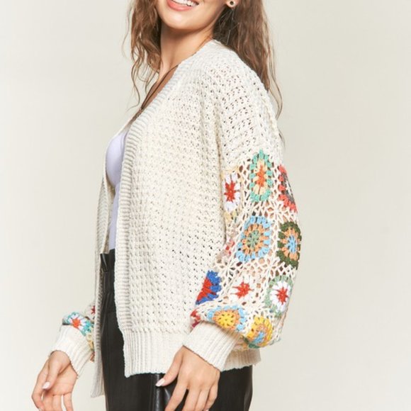 ADORA Sweaters - Ivory Knit Cardigan Sweater with Floral Crocheted Sleeves